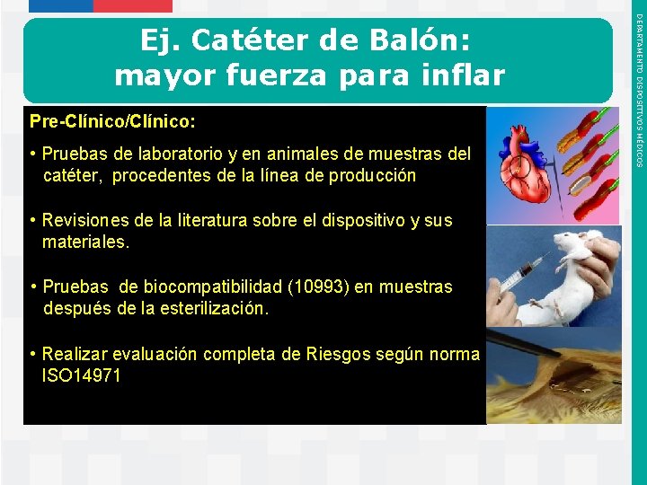 Pre-Clínico/Clínico: • Pruebas de laboratorio y en animales de muestras del catéter, procedentes de