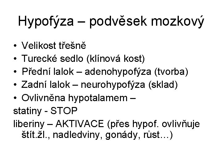 Hypofýza – podvěsek mozkový • Velikost třešně • Turecké sedlo (klínová kost) • Přední