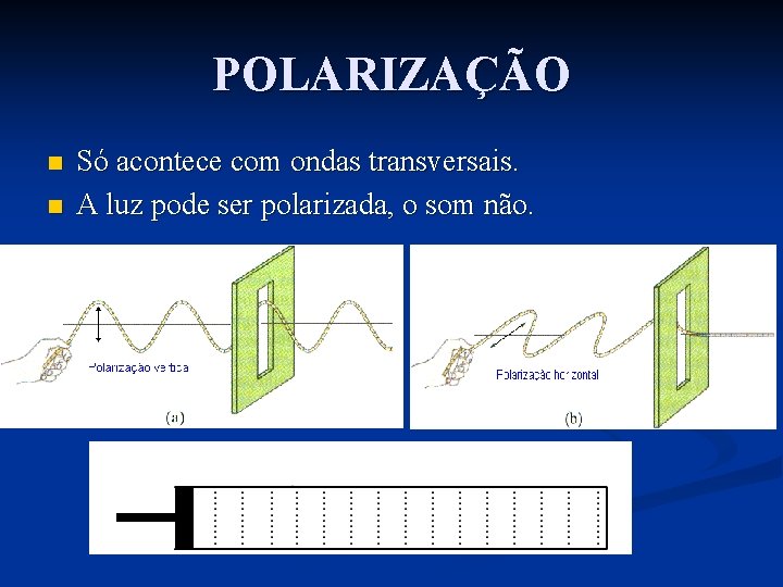 POLARIZAÇÃO n n Só acontece com ondas transversais. A luz pode ser polarizada, o