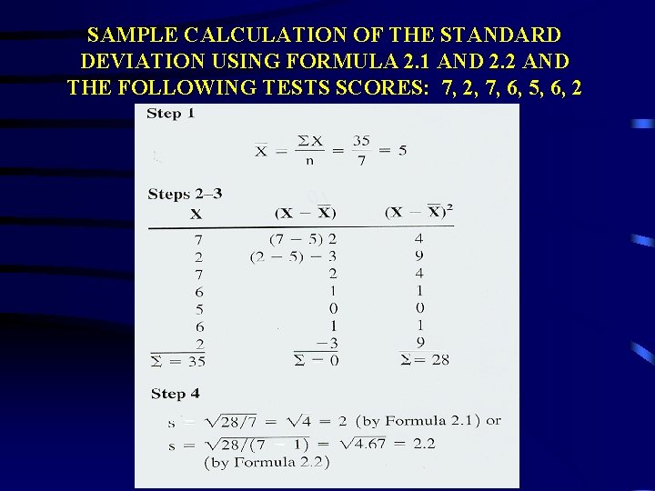 SAMPLE CALCULATION OF THE STANDARD DEVIATION USING FORMULA 2. 1 AND 2. 2 AND SAMPLE CALCULATION OF THE STANDARD DEVIATION USING FORMULA 2. 1 AND 2. 2 AND