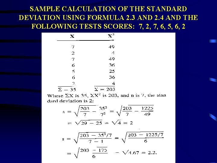 SAMPLE CALCULATION OF THE STANDARD DEVIATION USING FORMULA 2. 3 AND 2. 4 AND SAMPLE CALCULATION OF THE STANDARD DEVIATION USING FORMULA 2. 3 AND 2. 4 AND
