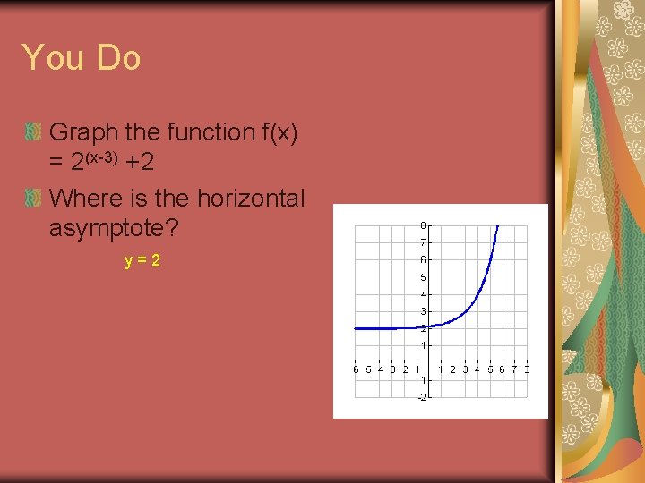 You Do Graph the function f(x) = 2(x-3) +2 Where is the horizontal asymptote?