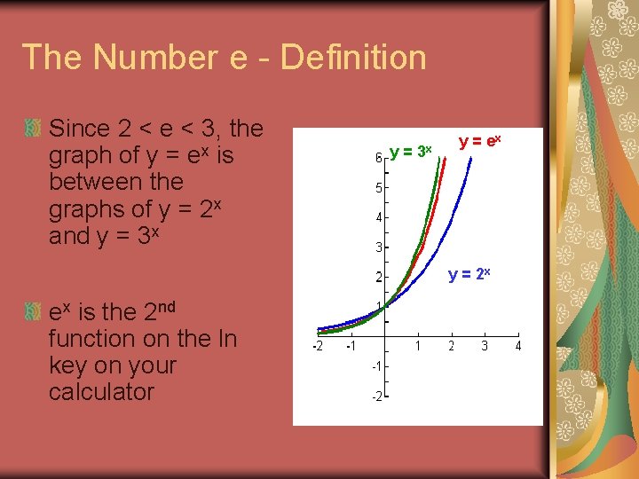 The Number e - Definition Since 2 < e < 3, the graph of