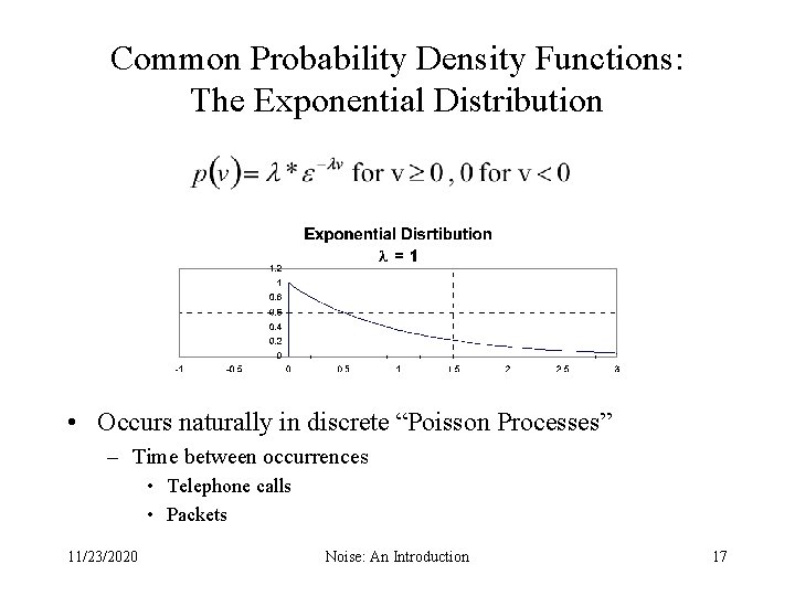 Common Probability Density Functions: The Exponential Distribution • Occurs naturally in discrete “Poisson Processes”