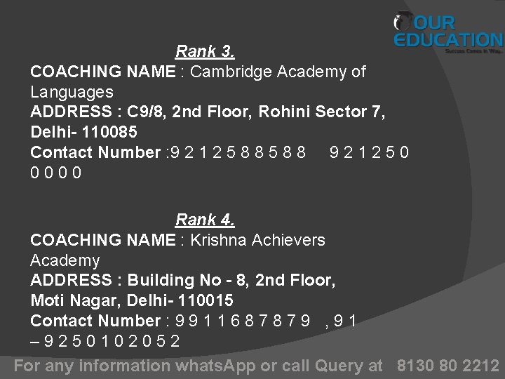 Rank 3. COACHING NAME : Cambridge Academy of Languages ADDRESS : C 9/8, 2
