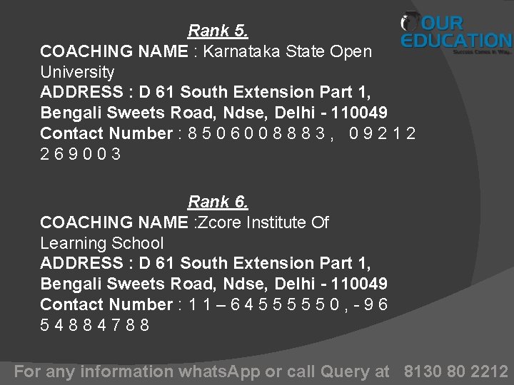 Rank 5. COACHING NAME : Karnataka State Open University ADDRESS : D 61 South