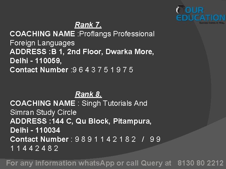 Rank 7. COACHING NAME : Proflangs Professional Foreign Languages ADDRESS : B 1, 2