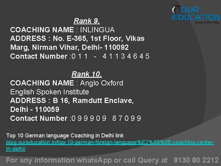 Rank 9. COACHING NAME : INLINGUA ADDRESS : No. E-365, 1 st Floor, Vikas
