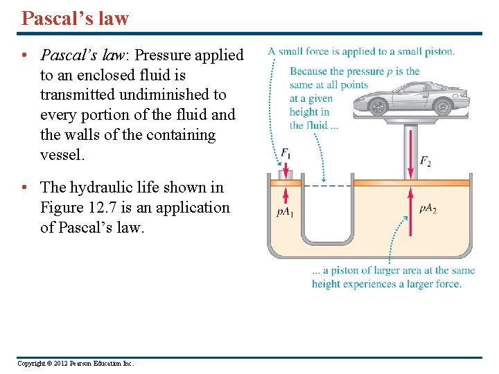 Pascal’s law • Pascal’s law: Pressure applied to an enclosed fluid is transmitted undiminished