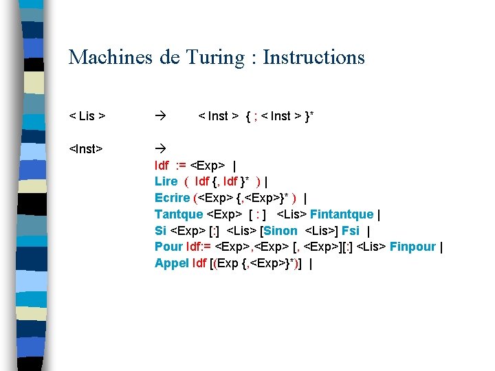 Machines de Turing : Instructions < Lis > <Inst> < Inst > { ;