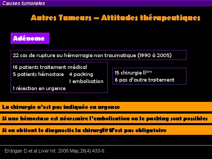 Causes tumorales Autres Tumeurs – Attitudes thérapeutiques Adénome 22 cas de rupture ou hémorragie