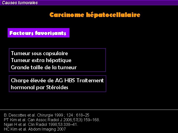 Causes tumorales Carcinome hépatocellulaire Facteurs favorisants Tumeur sous capsulaire Tumeur extra hépatique Grande taille