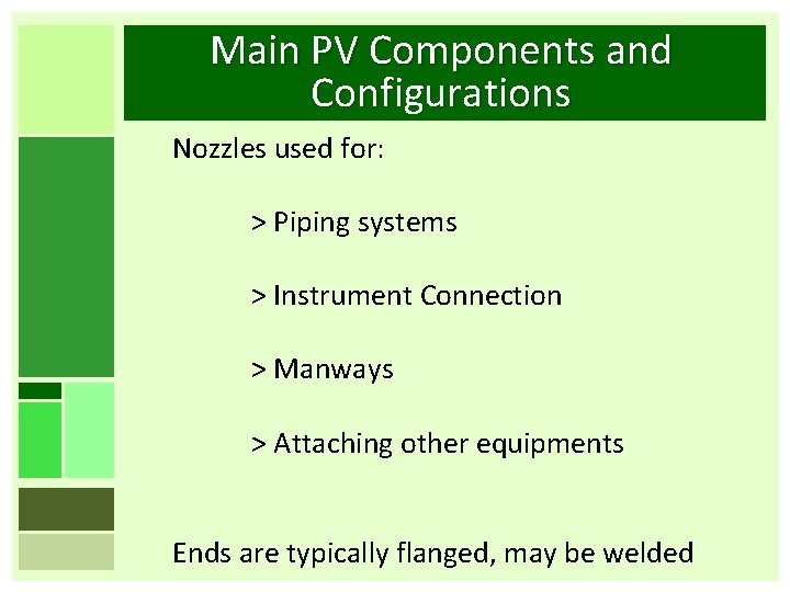 Main PV Components and Configurations Nozzles used for: > Piping systems > Instrument Connection