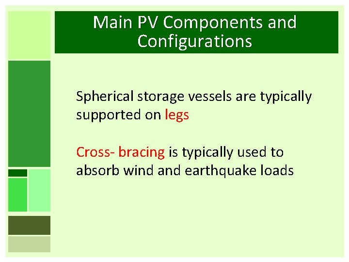 Main PV Components and Configurations Spherical storage vessels are typically supported on legs Cross-