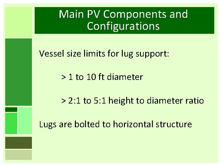 Main PV Components and Configurations Vessel size limits for lug support: > 1 to