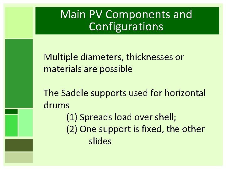 Main PV Components and Configurations Multiple diameters, thicknesses or materials are possible The Saddle