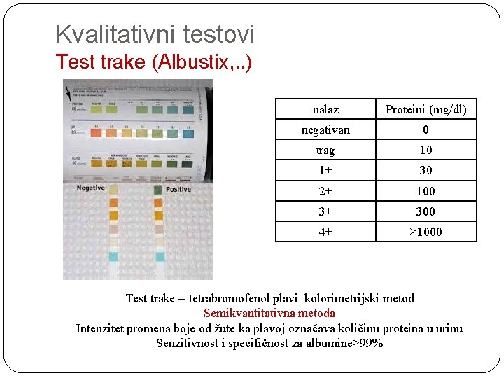 Kvalitativni testovi Test trake (Albustix, . . ) nalaz Proteini (mg/dl) negativan 0 trag