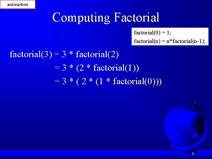 animation Computing Factorial factorial(0) = 1; factorial(n) = n*factorial(n-1); factorial(3) = 3 * factorial(2)