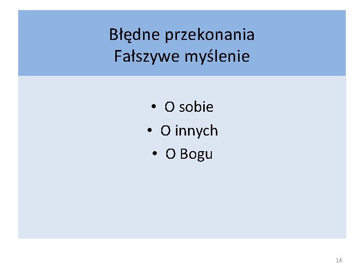 Błędne przekonania Fałszywe myślenie • O sobie • O innych • O Bogu 14