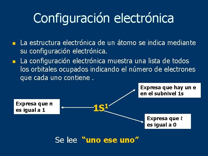 Configuración electrónica n n La estructura electrónica de un átomo se indica mediante su