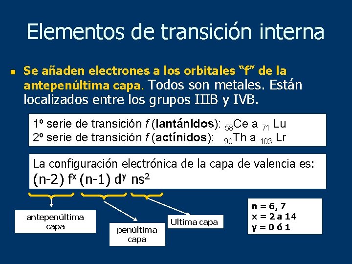 Elementos de transición interna n Se añaden electrones a los orbitales “f” de la