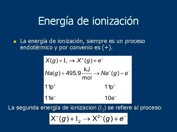 Energía de ionización n La energía de ionización, siempre es un proceso endotérmico y
