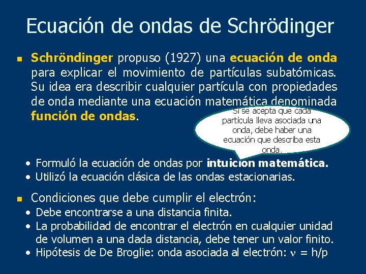 Ecuación de ondas de Schrödinger n Schröndinger propuso (1927) una ecuación de onda para