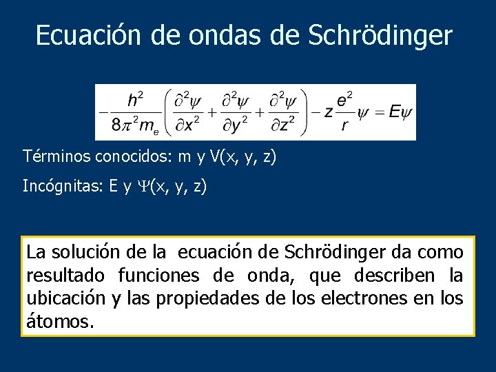 Ecuación de ondas de Schrödinger Términos conocidos: m y V(x, y, z) Incógnitas: E