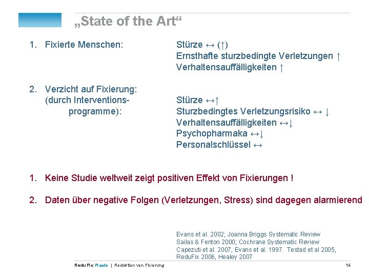 „State of the Art“ 1. Fixierte Menschen: 2. Verzicht auf Fixierung: (durch Interventionsprogramme): Stürze