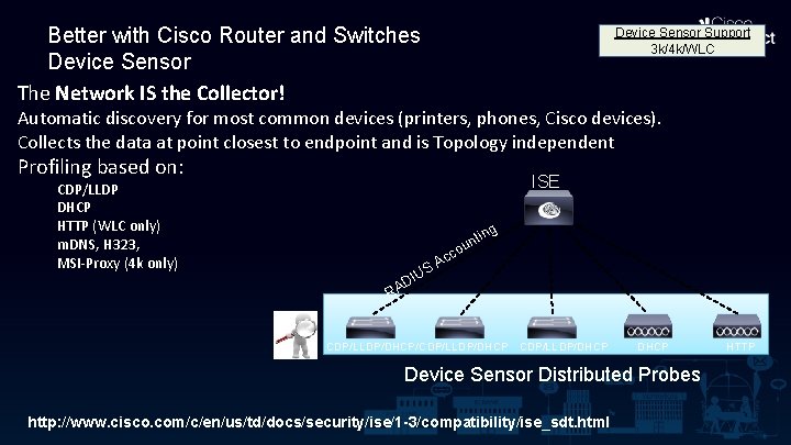 Better with Cisco Router and Switches Device Sensor The Network IS the Collector! Device