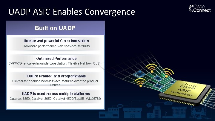 UADP ASIC Enables Convergence Built on UADP Unique and powerful Cisco innovation Hardware performance