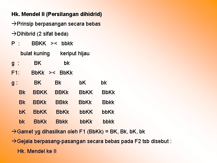 Hk. Mendel II (Persilangan dihidrid) Prinsip berpasangan secara bebas Dihibrid (2 sifat beda) P
