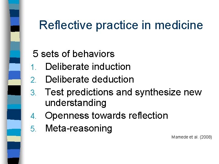 Reflective practice in medicine 5 sets of behaviors 1. Deliberate induction 2. Deliberate deduction