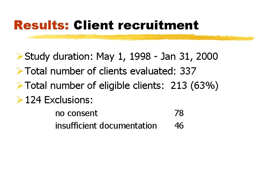 Results: Client recruitment Ø Study duration: May 1, 1998 - Jan 31, 2000 Ø