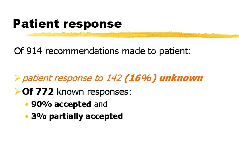 Patient response Of 914 recommendations made to patient: Ø patient response to 142 (16%)