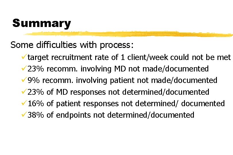 Summary Some difficulties with process: ütarget recruitment rate of 1 client/week could not be