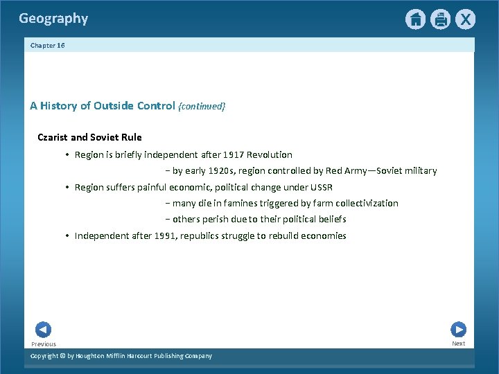 Geography Chapter 16 2 A History of Outside Control {continued} Czarist and Soviet Rule Geography Chapter 16 2 A History of Outside Control {continued} Czarist and Soviet Rule