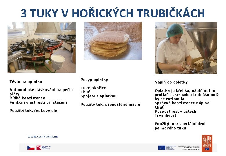 3 TUKY V HOŘICKÝCH TRUBIČKÁCH Těsto na oplatku Automatické dávkování na pečící pláty Řídká