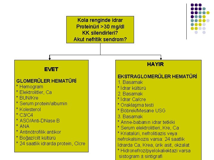 Kola renginde idrar Proteinüri >30 mg/dl KK silendirleri? Akut nefritik sendrom? EVET GLOMERÜLER HEMATÜRİ