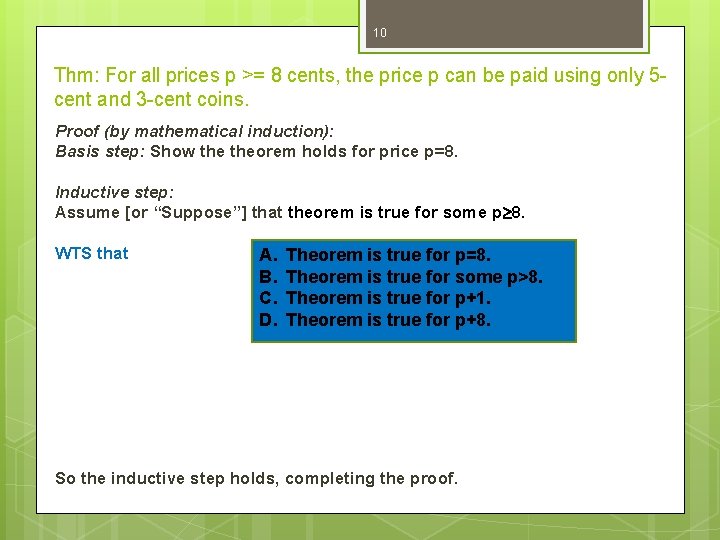 10 Thm: For all prices p >= 8 cents, the price p can be