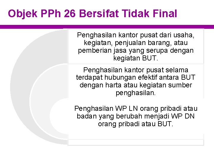 Objek PPh 26 Bersifat Tidak Final Penghasilan kantor pusat dari usaha, kegiatan, penjualan barang,