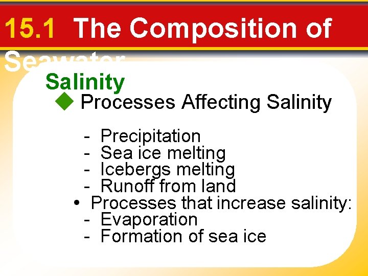 15. 1 The Composition of Seawater Salinity Processes Affecting Salinity - Precipitation Sea ice
