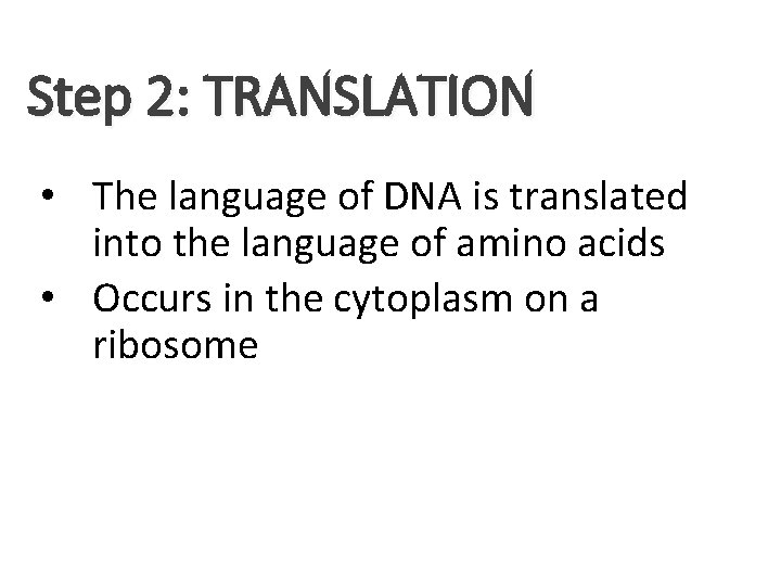 Step 2: TRANSLATION • The language of DNA is translated into the language of