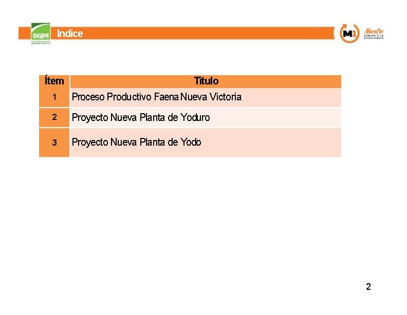 Indice Ítem Titulo 1 Proceso Productivo Faena Nueva Victoria 2 Proyecto Nueva Planta de