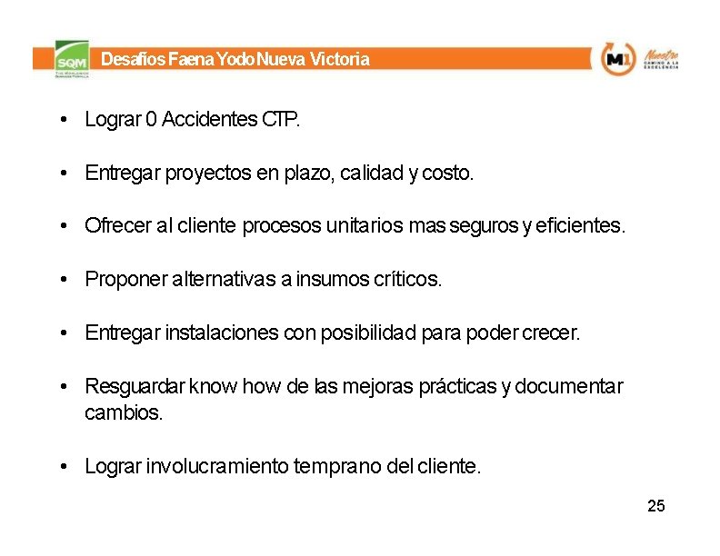 Desafíos Faena Yodo Nueva Victoria • Lograr 0 Accidentes CTP. • Entregar proyectos en