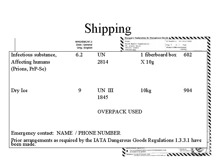 Shipping Infectious substance, Affecting humans (Prions, Pr. P-Sc) Dry Ice 6. 2 9 UN