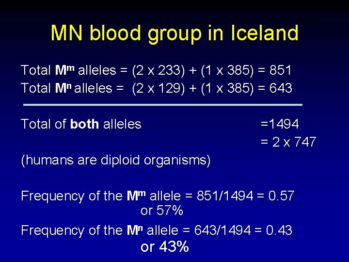 MN blood group in Iceland Total Mm alleles = (2 x 233) + (1