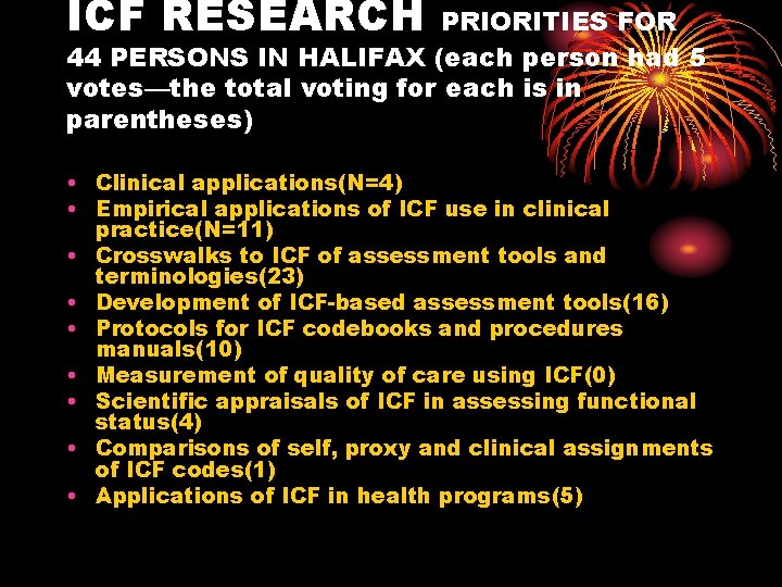 ICF RESEARCH PRIORITIES FOR 44 PERSONS IN HALIFAX (each person had 5 votes—the total