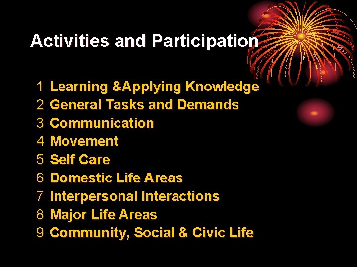 Activities and Participation 1 2 3 4 5 6 7 8 9 Learning &Applying