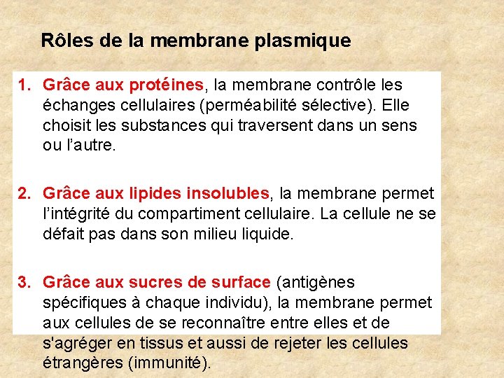 Rôles de la membrane plasmique 1. Grâce aux protéines, la membrane contrôle les échanges Rôles de la membrane plasmique 1. Grâce aux protéines, la membrane contrôle les échanges